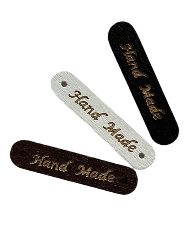 Našívací dřevěná značka 8x35 mm HAND MADE  hnědá
